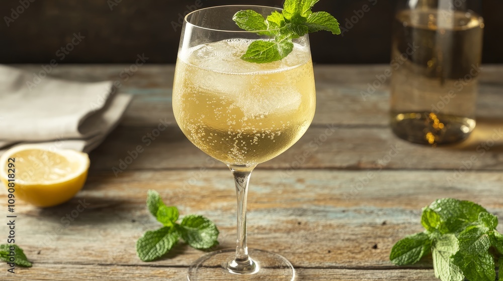Fototapeta premium Classic Hugo Spritz Cocktail with White Wine - Refreshing summer cocktail, white wine spritzer, bubbly, mint, lemon, ice. Perfect for warm weather.
