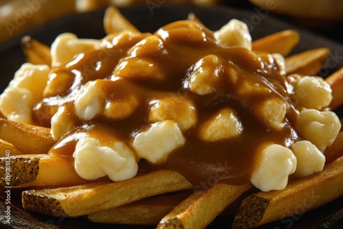 Delicious plate of poutine featuring golden fries topped with cheese curds and rich gravy. photo