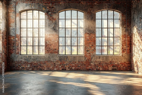 An empty warehouse interior with large windows and rustic brick walls, bathed in natural light.