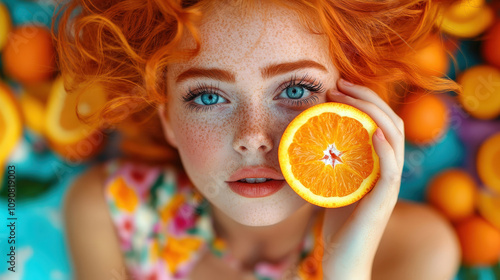 A freckled girl with vibrant curly hair holds a fresh orange to her face, combining colorful aesthetics and natural beauty in a lively outdoor setting that celebrates joyfulness. photo