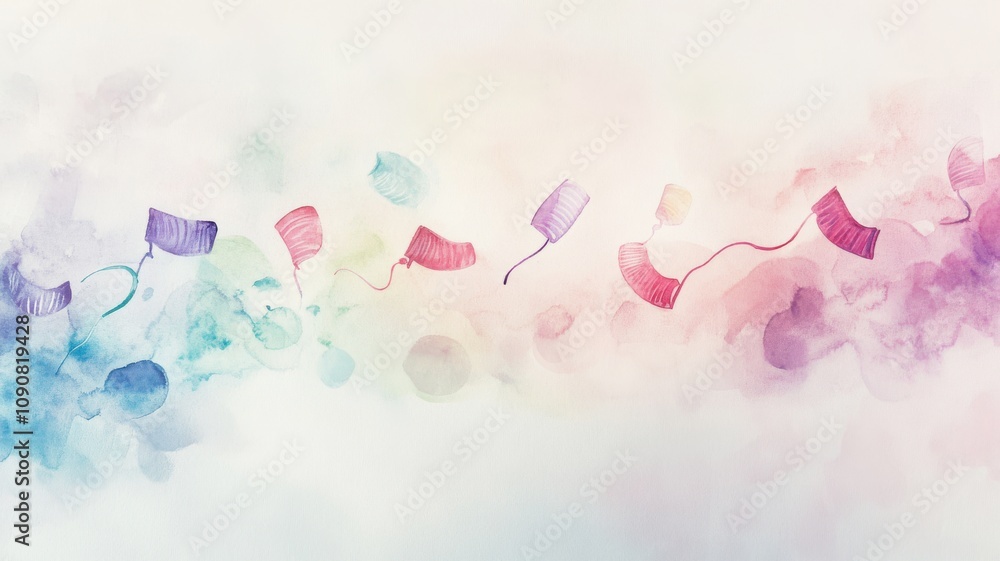 Fototapeta premium Delicate watercolor illustrations of New Year's Eve noisemakers in pastel colors with soft brush strokes for a whimsical holiday vibe.. Christmas, New Year's Eve