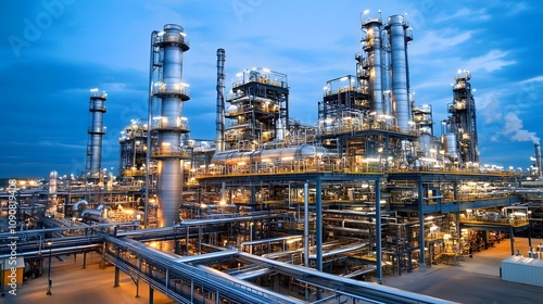 A large industrial plant with many tall towers and a lot of lights. Scene is industrial and somewhat ominous