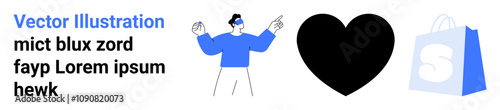 Man wearing a virtual reality headset pointing upwards. A black heart symbol on the right and a blue shopping bag icon with letter S. Ideal for technology, virtual reality, e-commerce, modern