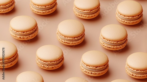 Handmade almond macaron idea. Delicious beige macarons arranged neatly on a surface. photo