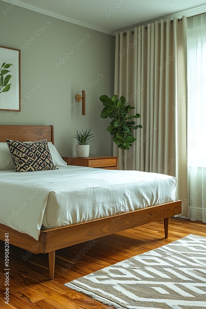 Fototapeta premium Mid century Modern interiors in bedrooms with mint-colored walls and beds and pots. Generative AI 