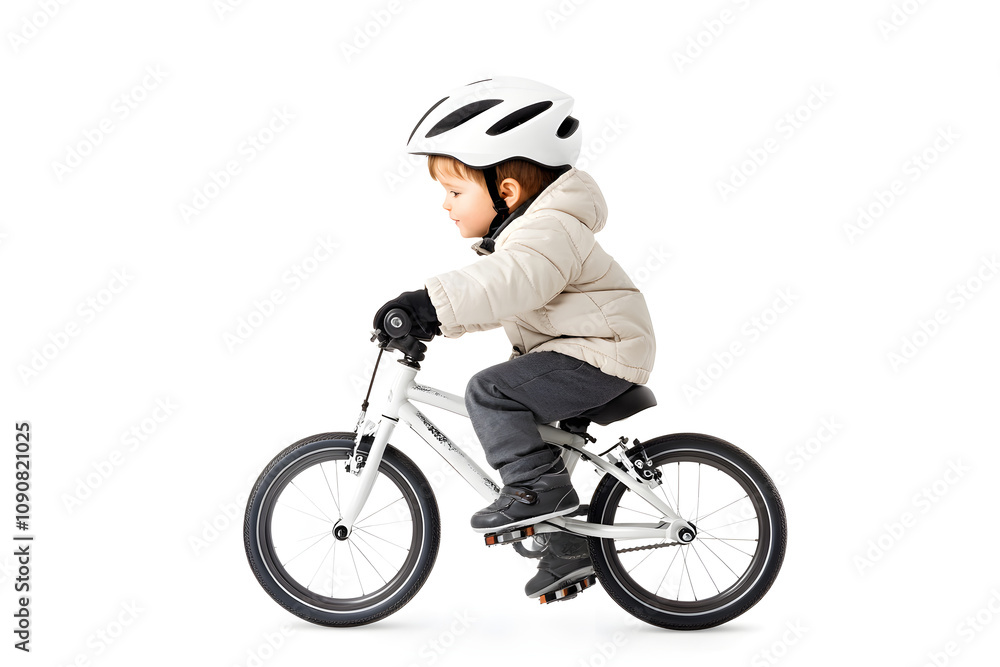 Naklejka premium Side view little kid in helmet riding bicycle isolated on white background
