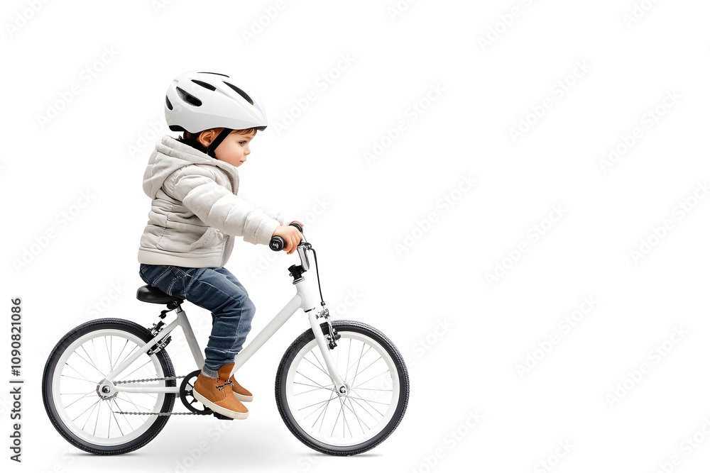 Fototapeta premium Side view little kid in helmet riding bicycle isolated on white background