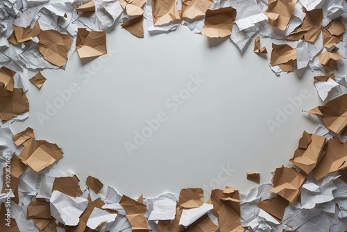 Torn Paper Fragments Scattered Over a Blank Canvas