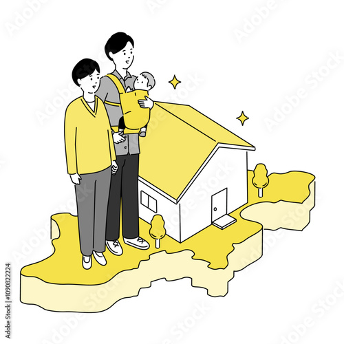 長野県の地図と若い家族・家のイラスト、ベクター