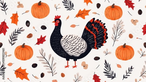 A whimsical illustration featuring a turkey surrounded by pumpkins, autumn leaves, and decorative elements, perfect for fall celebrations. photo