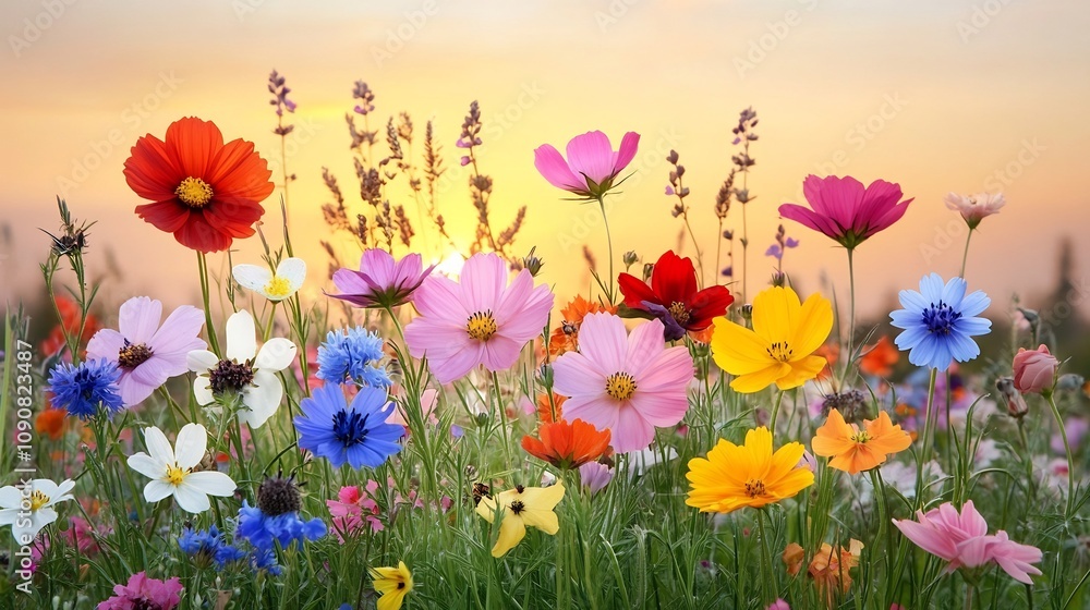 Obraz premium Vibrant Countryside Horizon Filled with Colorful Wildflowers and Pastel Sky