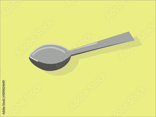 Illustration of a metal spoon on a light yellow background. The spoon is rendered in a minimalistic style with soft shadows and crepes emphasizing its shape and texture. Adaptation for kitchen ut