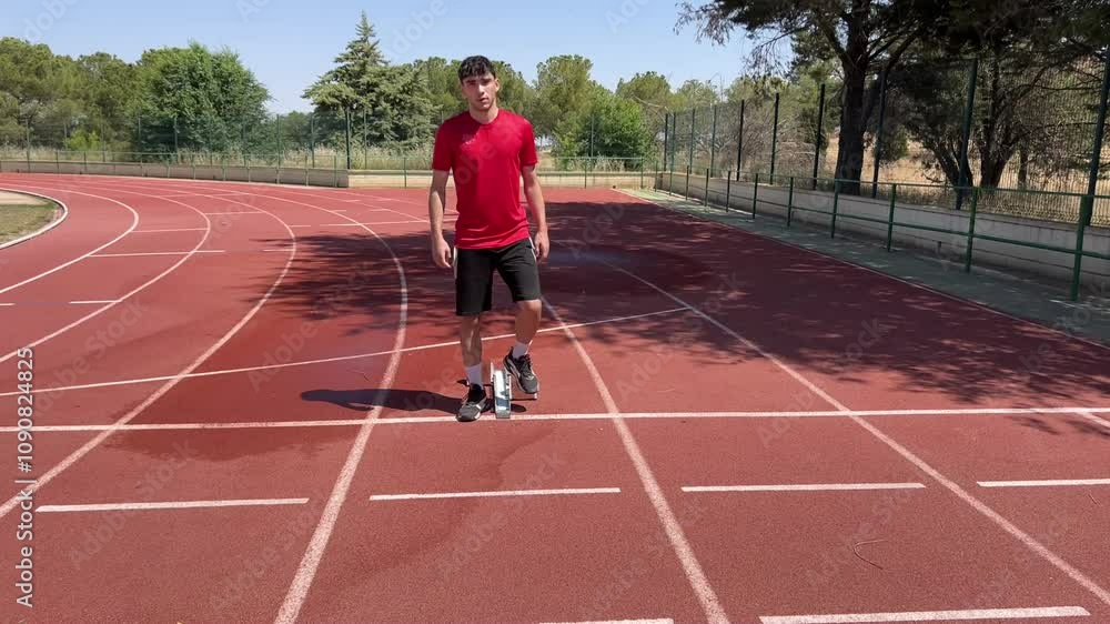 Young male sprinter performing high-intensity sprint drills on a professional athletics track during outdoor practice Young male sprinter performing high-intensity sprint drills on a professional athletics track during outdoor practice
