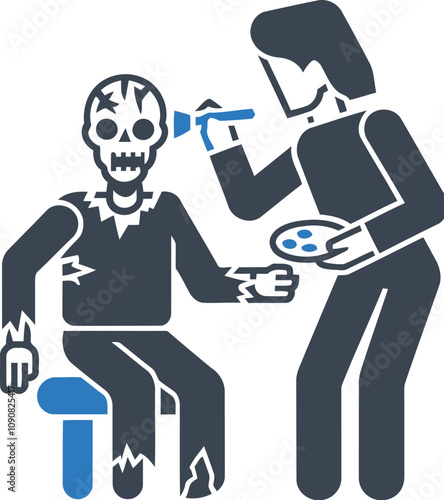 Zombie makeup artist creating a spooky look icon on transparent background