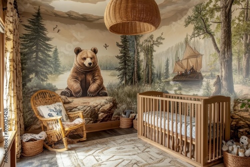 Cozy Bear-Themed Nursery with Wooden Crib and Rocking Chair - Rustic nursery design, bear mural, wooden crib, rocking chair, nature theme. Tranquil, safe, and playful atmosphere.