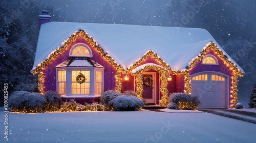 A cozy, snow-dusted Garland purple house adorned with a dazzling display of warm white lights, radiating a soft, festive glow that illuminates the surrounding winter wonderland