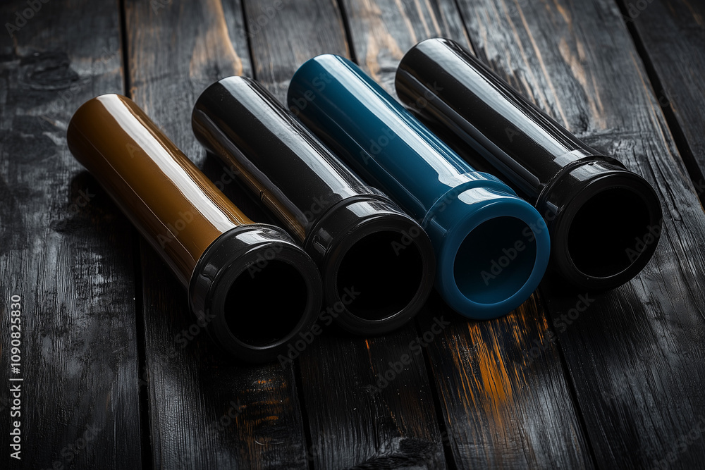 Fototapeta premium Different plastic plumbing pipes on a plumber workbench background.