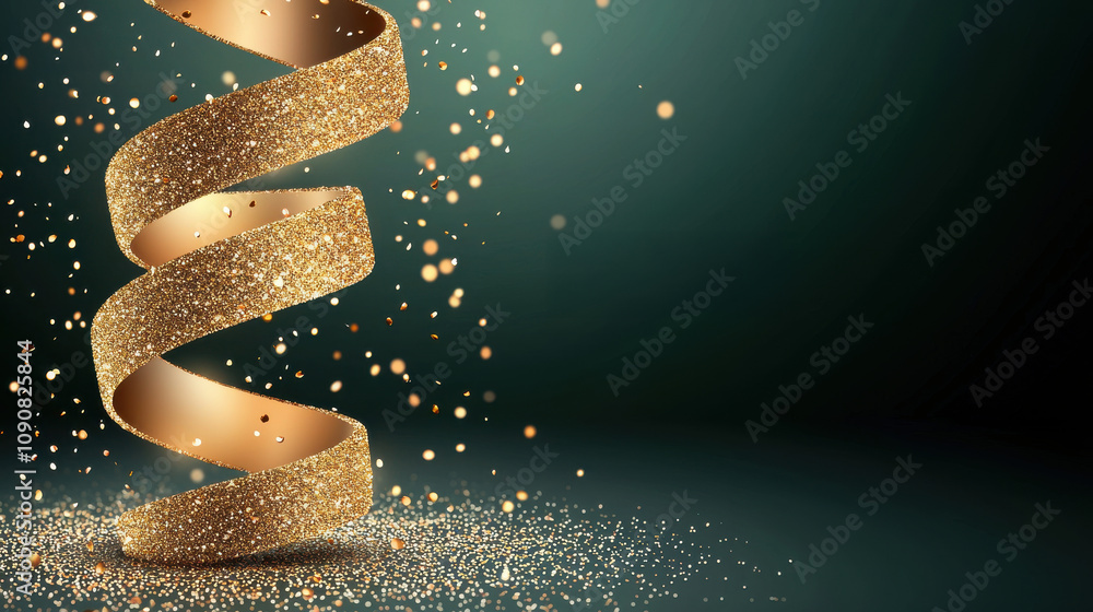 Obraz premium Gold glitter spiral on dark green background creates festive atmosphere, with shiny golden particles adding touch of elegance and celebration