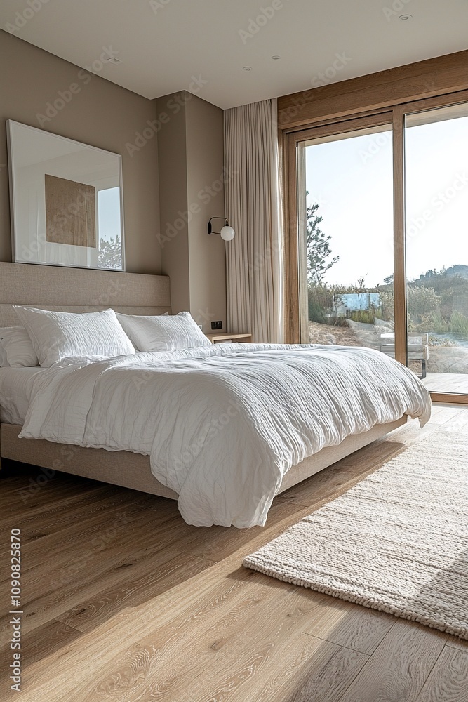 Mid century Modern Interior in a living room with large well-lit windows and a bed. Generative AI
Mid century Modern Interior in a living room with large well-lit windows and a bed. Generative AI