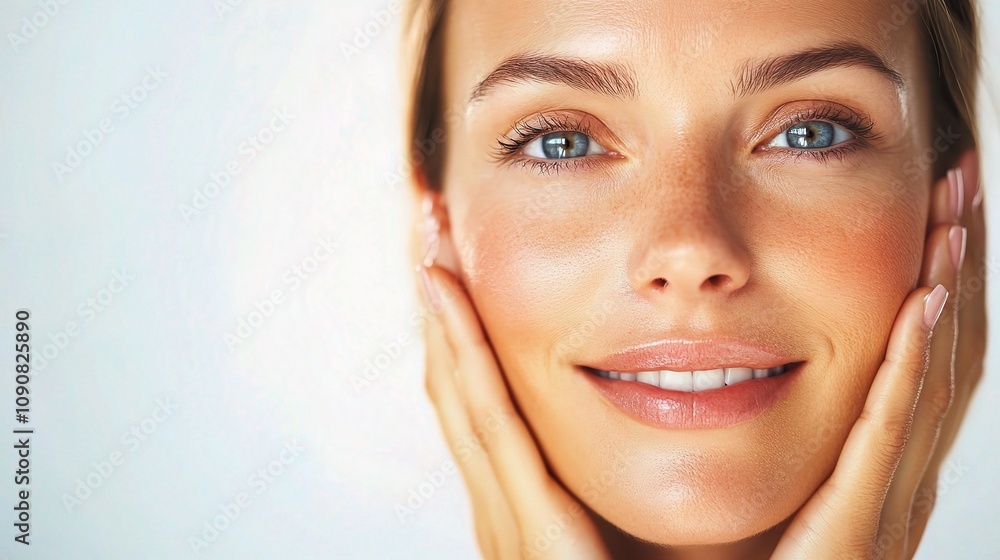 Obraz premium Woman Applying Anti-Aging Serum to Her Face, Showcasing a Radiant Skincare Routine for Youthful and Healthy Skin in a Bright Natural Setting