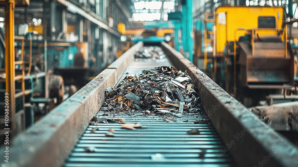 Close-up of an industrial conveyor belt carrying shiny metal pieces in a large manufacturing facility with modern equipment and busy machinery. Close-up of an industrial conveyor belt carrying shiny metal pieces in a large manufacturing facility with modern equipment and busy machinery.