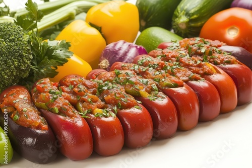 A colorful arrangement of fresh vegetables topped with a rich tomato sauce, showcasing a vibrant and healthy feast. photo