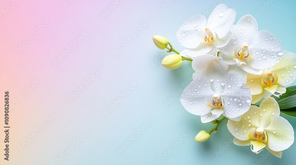 Obraz premium Captivating White Orchid Bloom with Dew Drops on Soft Pastel Background