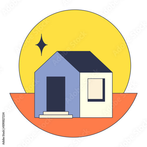 Minimalist house with sun rising or setting, symbolizing new beginnings or closure.