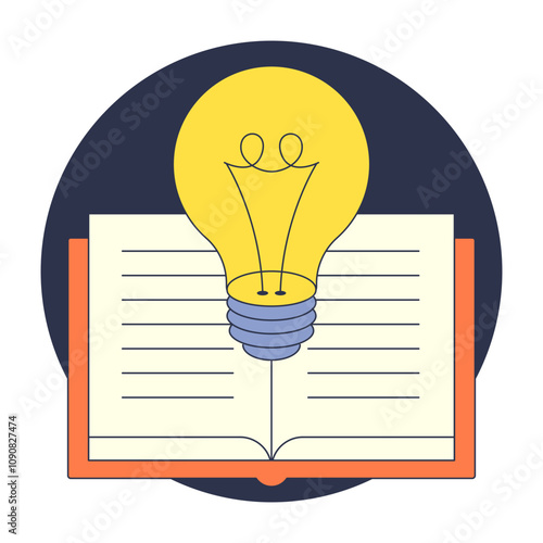 Open book with a light bulb symbolizes knowledge and ideas.