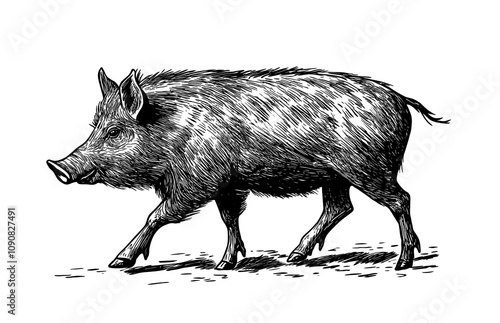 Boar, wild boar, hog, wild pig, sketch. Vintage retro print, wild boar, forest pig sketch ink style drawing, linear drawing, engrave old school. Sketch artwork silhouette wild ho pig. Illustration