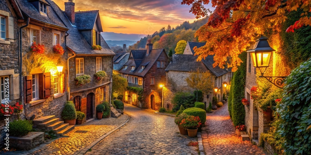 Fototapeta premium Enchanting Autumn Village with Cobblestone Streets Surrounded by Colorful Foliage at Dusk, Capturing the Beauty of Seasonal Change in a Picturesque Setting