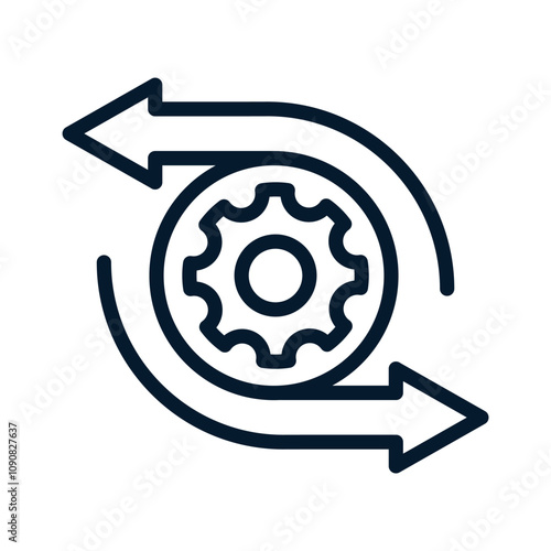 Gear, round arrow in opposite direction. Technical compatibility concept. Vector linear icon isolated on white background.