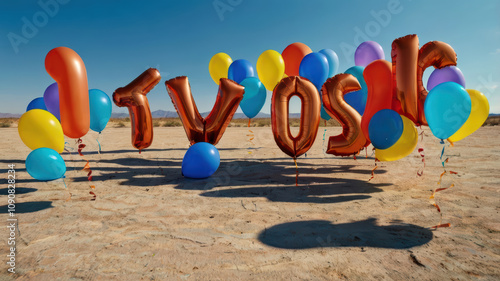 vibrant scene featuring colorful balloons and playful letters spelling TVOS! in desert setting, evoking sense of celebration and joy photo