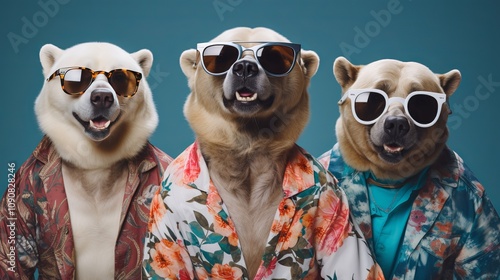 Stylish bears enjoying a fun summer day in tropical attire and sunglasses. Generative AI