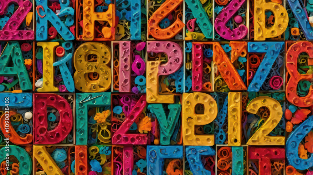 Naklejka premium vibrant collage of colorful letters and numbers arranged in playful pattern, showcasing variety of shapes and textures that evoke creativity and fun