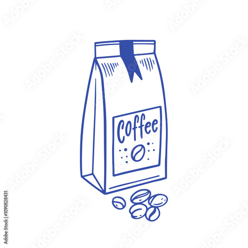 A handdrawn illustration of a coffee bag showcasing enticing beans that captures brewing