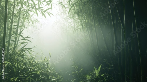 A foggy morning in a dense bamboo forest, with sunlight breaking through.