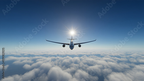 An image of a commercial airliner cruising above the clouds, with a clear blue sky and the sun shining on its fuselage. A commercial flight above the clouds.


