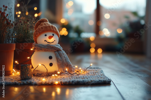 String lights wrapped around a miniature snowman figurine, creating a cheerful holiday glow