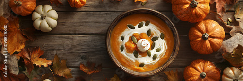 Rustic pumpkin soup with cream and pumpkin seeds