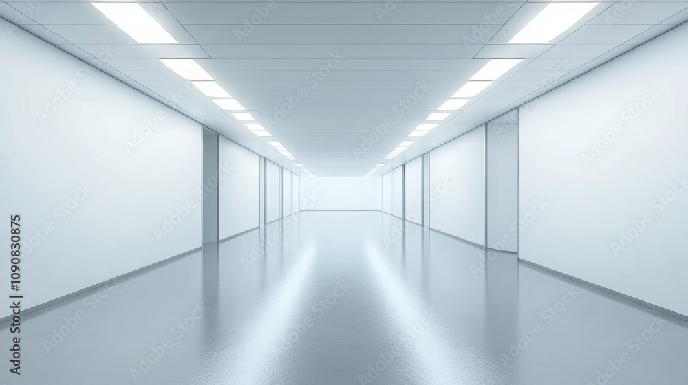 Fototapeta premium Modern, minimalist hallway with bright overhead lighting reflecting on a glossy floor, creating a futuristic and clean atmosphere.