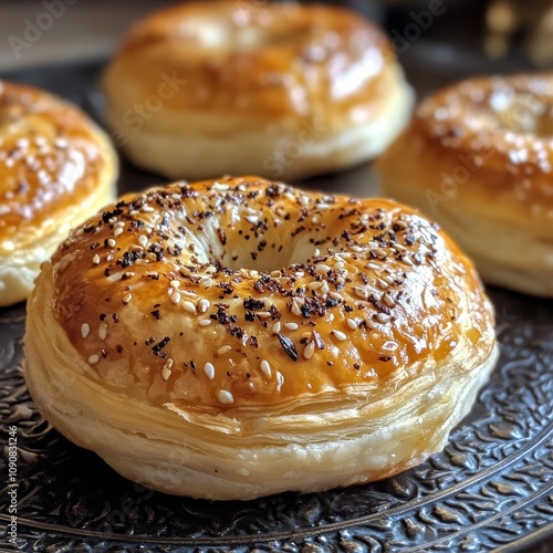 Delicious Turkish pastries, like round or tray-baked borek (also called rulo borek). photo