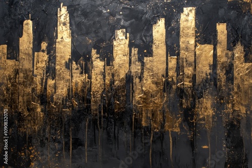 Golden Cityscape Abstract Painting - Black and gold abstract painting depicting a city skyline, symbolizing luxury, ambition, modernity, strength, and urban life. photo