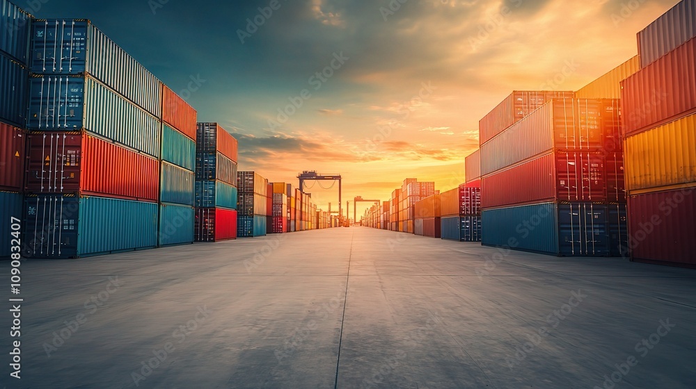 Fototapeta premium Dynamic View of Stacked Cargo Containers at a Bustling Freight Terminal During Sunset, Showcasing Vibrant Colors and Industrial Activity in the Shipping Industry