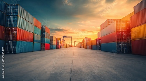 Wallpaper Mural Dynamic View of Stacked Cargo Containers at a Bustling Freight Terminal During Sunset, Showcasing Vibrant Colors and Industrial Activity in the Shipping Industry Torontodigital.ca