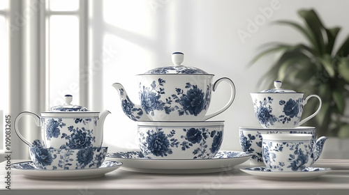 Wallpaper Mural Elegant Blue and White Floral Tea Set with Teapot, Cups, and Saucers for Afternoon Tea Torontodigital.ca