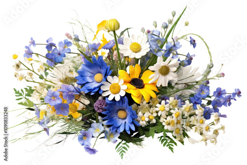 A mix of wildflowers including daisies, bluebells, and buttercups in a rustic bouquet isolated on white background