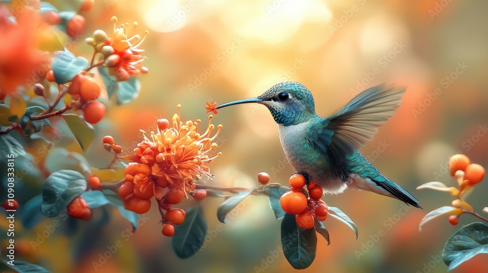 Fototapeta premium A hummingbird sipping nectar from a vibrant red flower in a tropical garden.