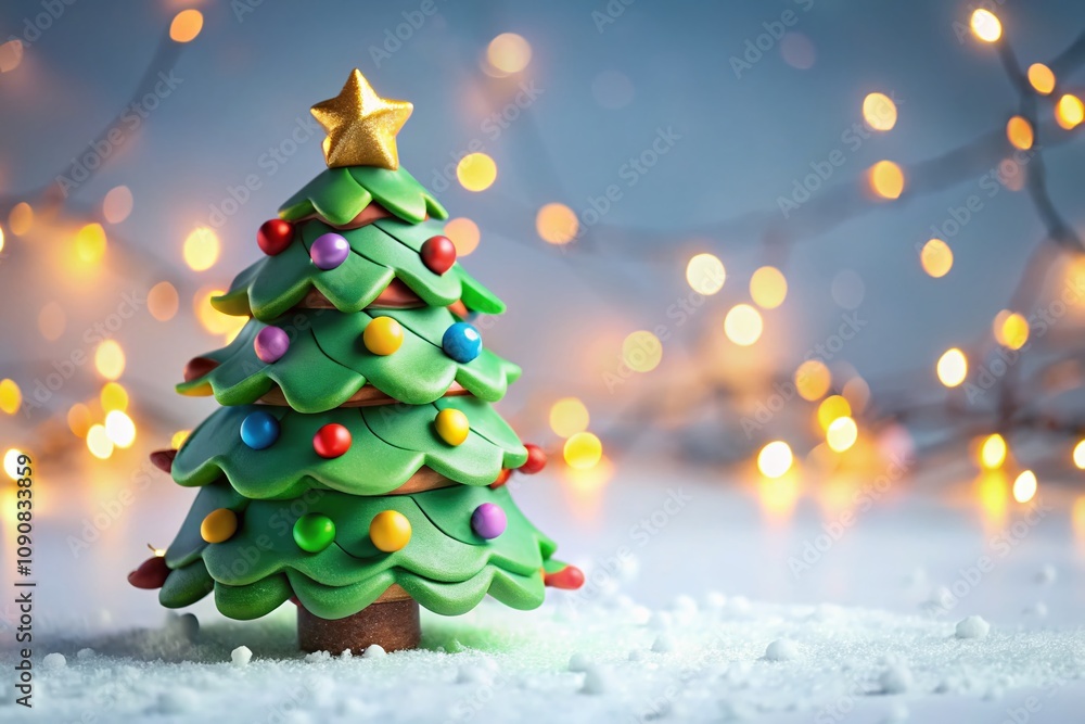 Fototapeta premium Festive 3D Christmas Tree with Colorful Lights in a Whimsical Clay Style, Perfect for Holiday Celebrations and Creative Illustrations on a Clean White Background