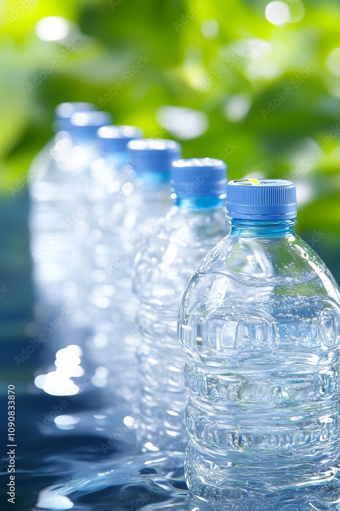 Close up of plastic bottles of refreshing water on a reflective surface with green foliage background Close up of plastic bottles of refreshing water on a reflective surface with green foliage background